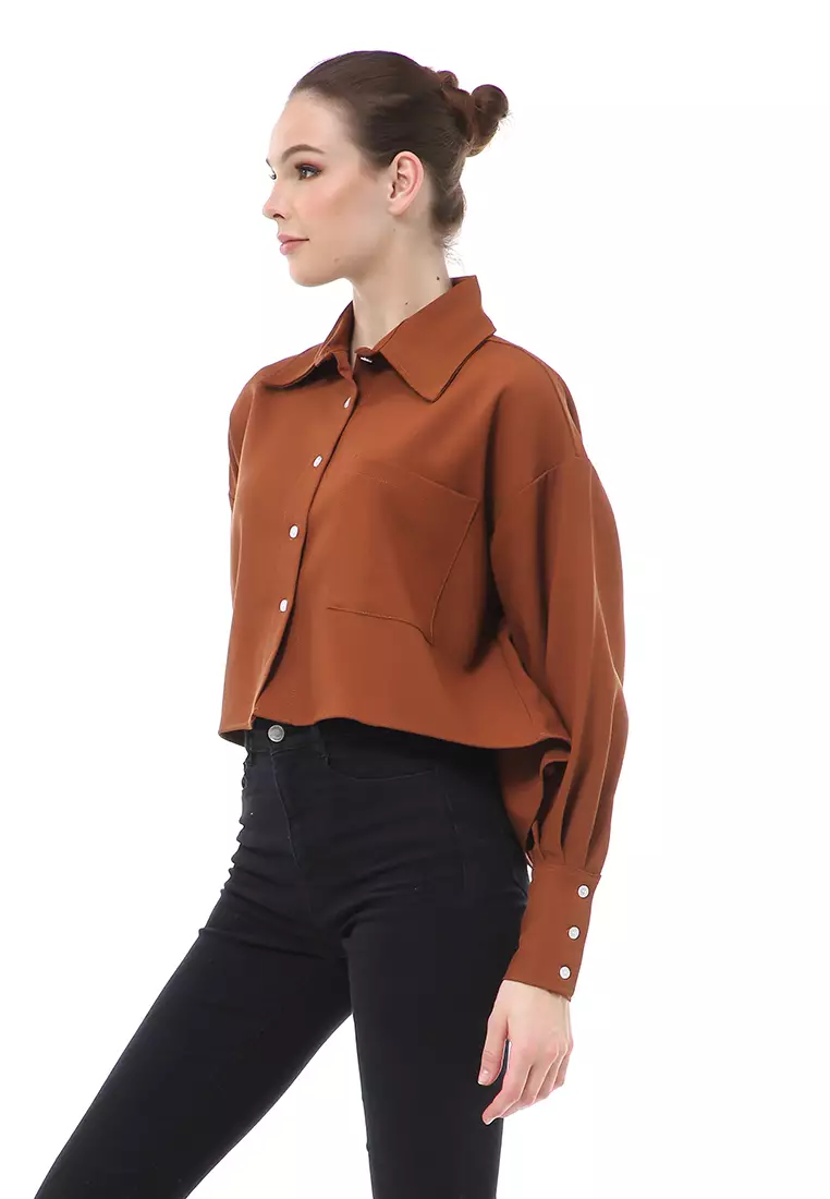 Brielle Atasan Wanita Kemeja Casual Lengan Panjang Oversize Shirt Material Polyester Cationic - Brown