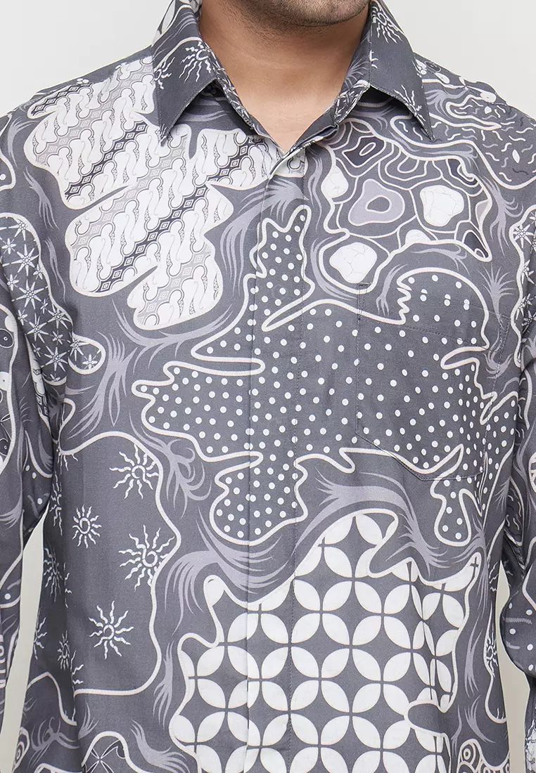 Slimfit Esta Grey Kemeja Batik Pria Lengan Panjang