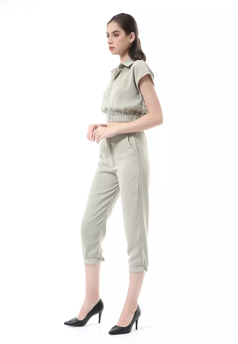 Nayra One Set Setelan Atasan Crop Karet Lengan Pendek Basic Pants Wanita Material Dolce ORIGINAL - Sage Green