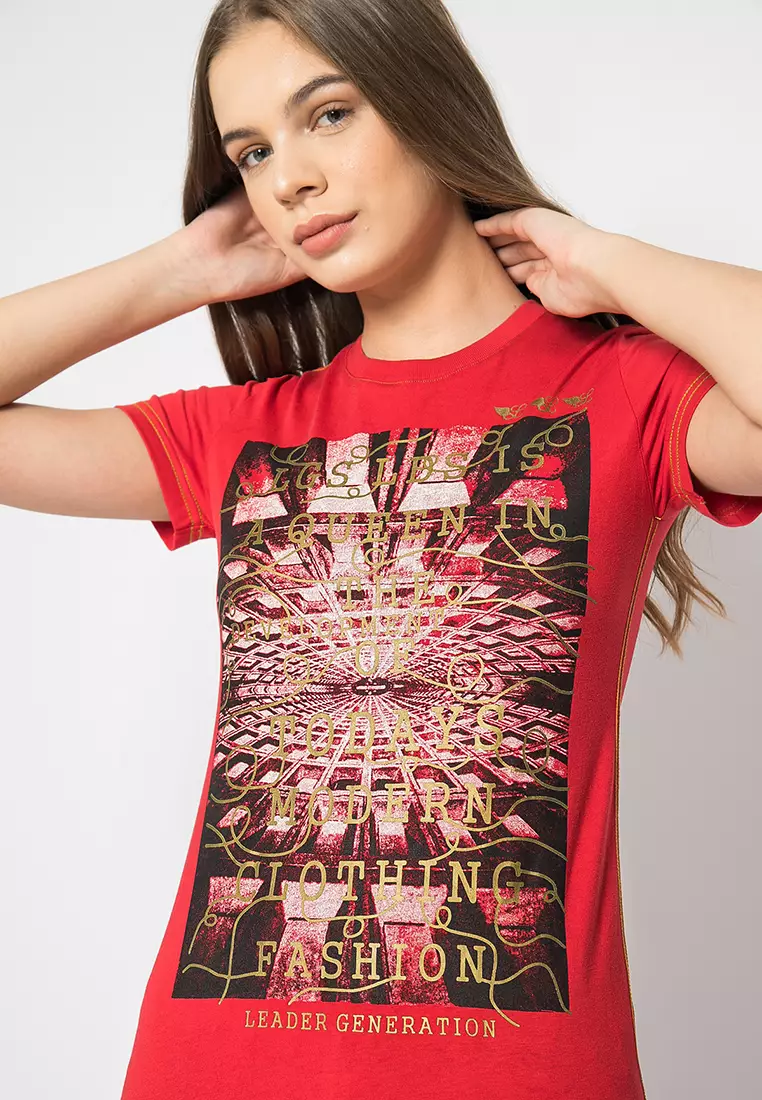 LGS - Kaos Casual Wanita - Lengan Pendek - Warna Merah - Gambar Sablon Depan