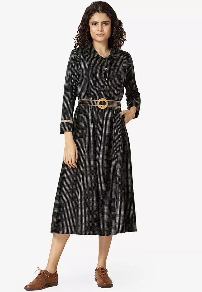 Earthen by Indya:Â Black Collared Belted A-Line Dress