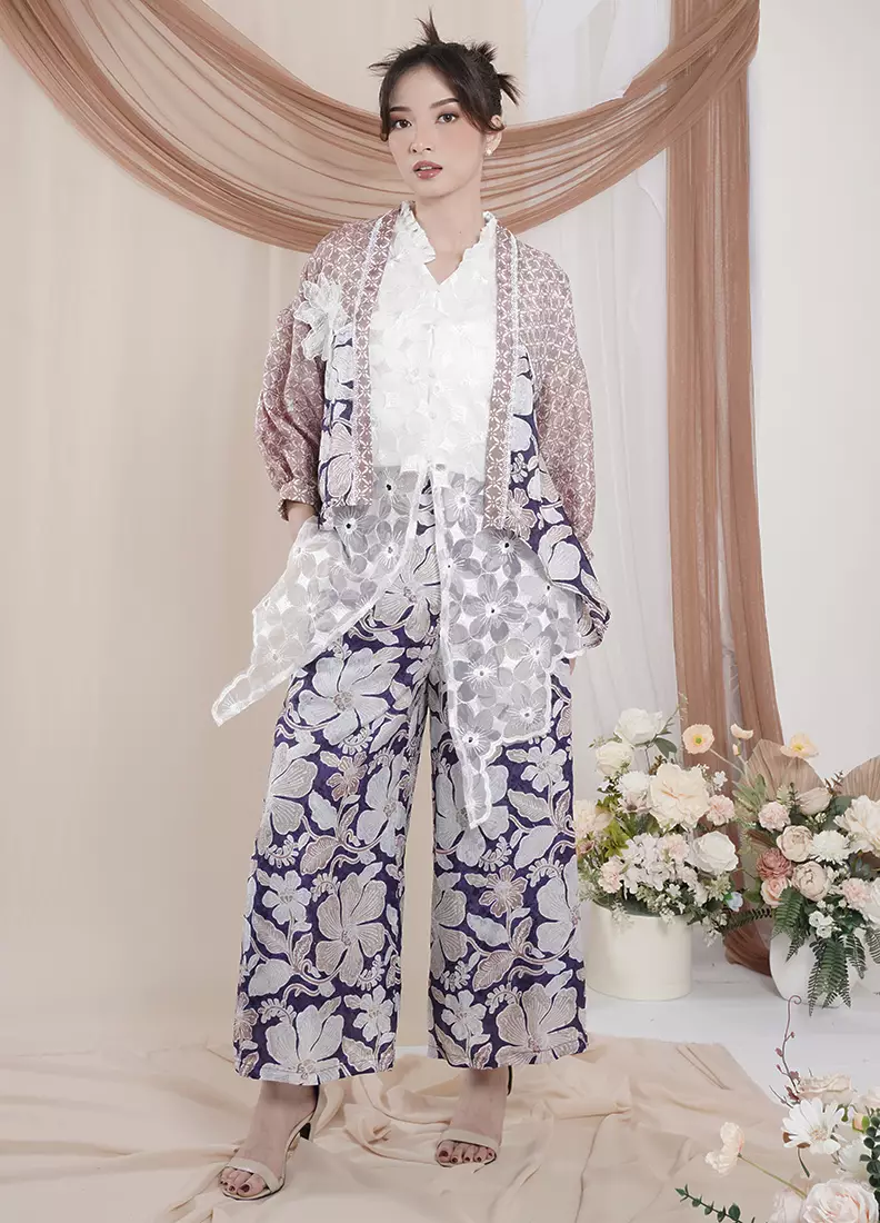 Setelan Batik Cap Atasan Outer Cardigan dan Celana Kulot Wanita Arumi Merona Spesial JFW Collection Rumi Blue Brown [TANPA INNER]