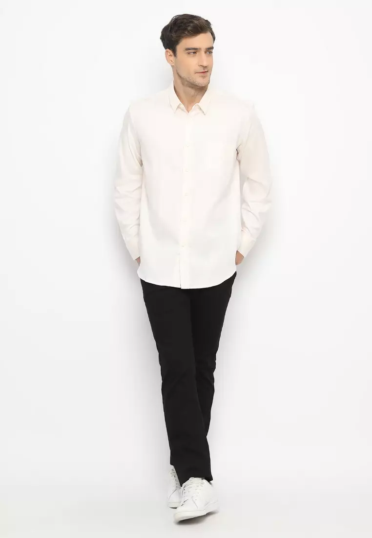 POLICE Kemeja Yarndyed Printing Cream Regular Fit Lengan Panjang Pria