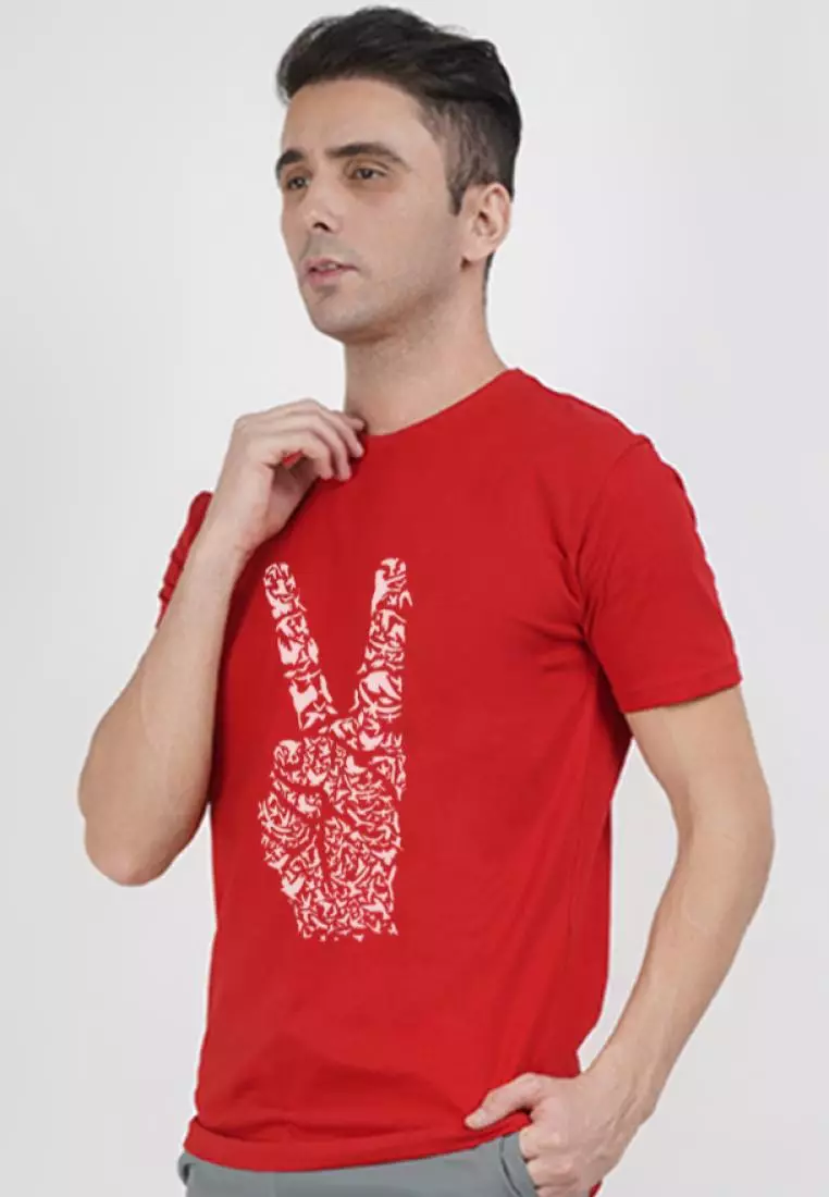 Peace Graphic Red Cotton Short Sleeve Regular Fit Tee