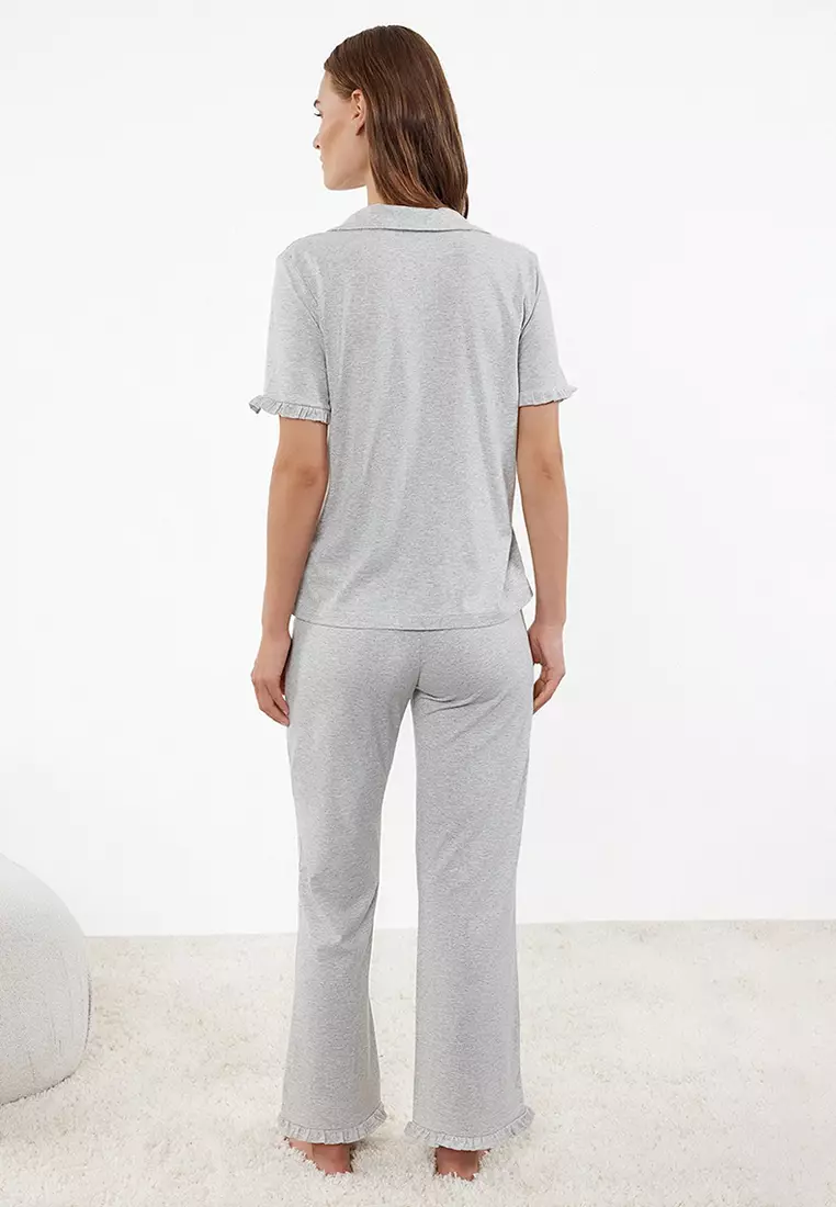 Gray Melange Cotton Ruffle Detailed Knitted Pajama Set THMSS24PT00223