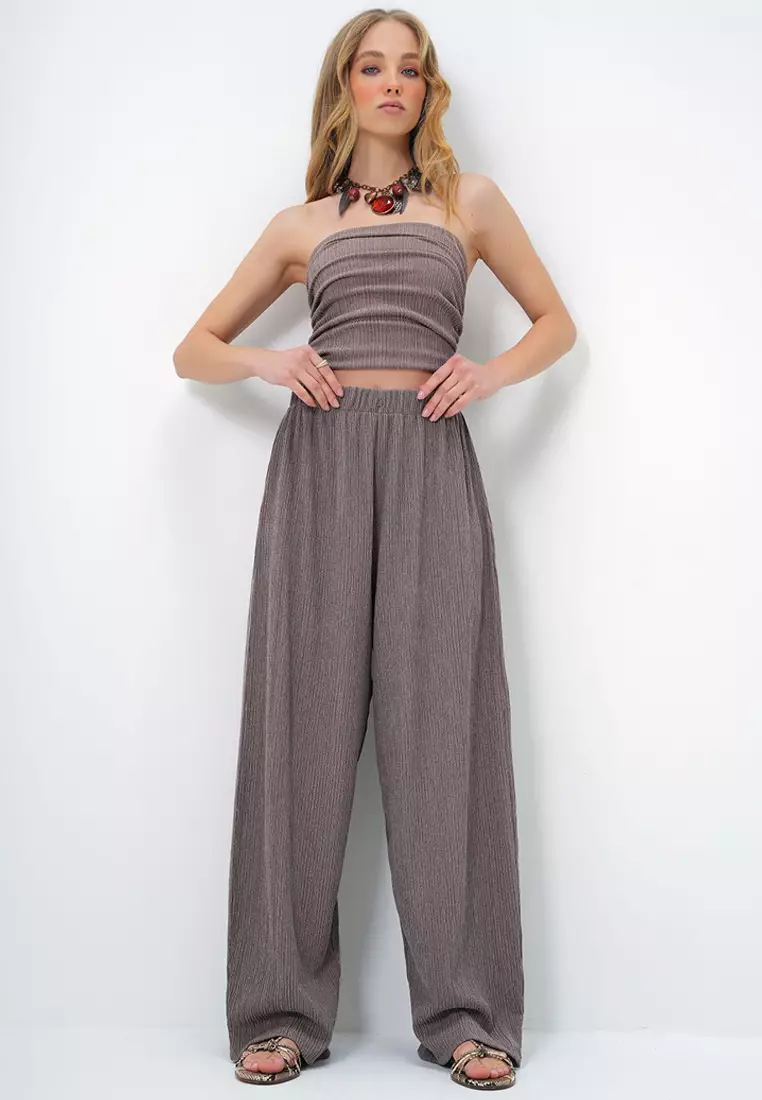 Bandeau Crop Top & Wide Leg Pants Set