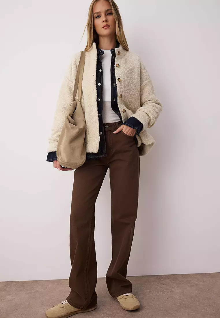 Beige Boucle/Textured Yarn Wide Pattern Coat-Look Knitwear Cardigan