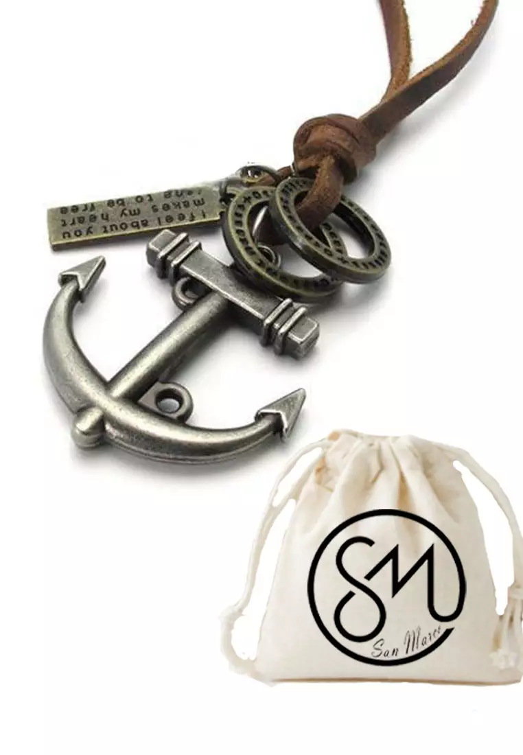 Aksesoris Kalung Kulit Pria Marine Anchor  Leather Necklace Brown & Silver