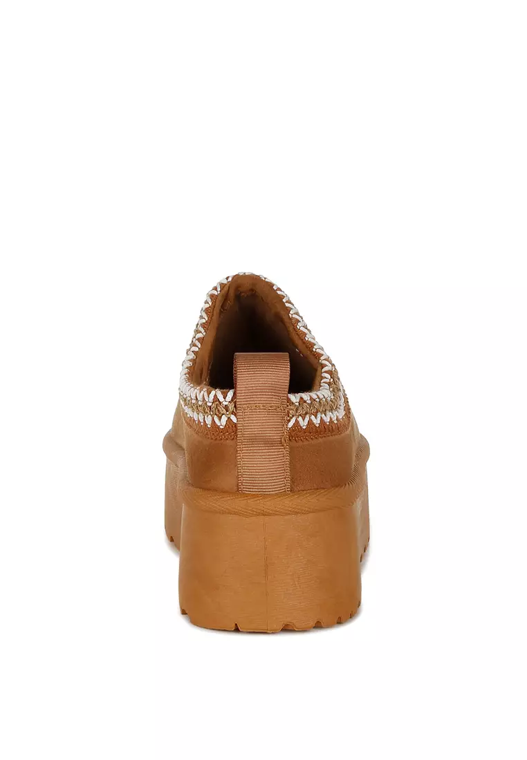 Tan Embroidered Platform Fur Classic Slip-On