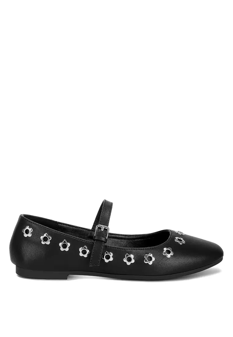 Discount on London Rag  shoes - SKU: Black Floral Eyelet Strapped Ballerinas