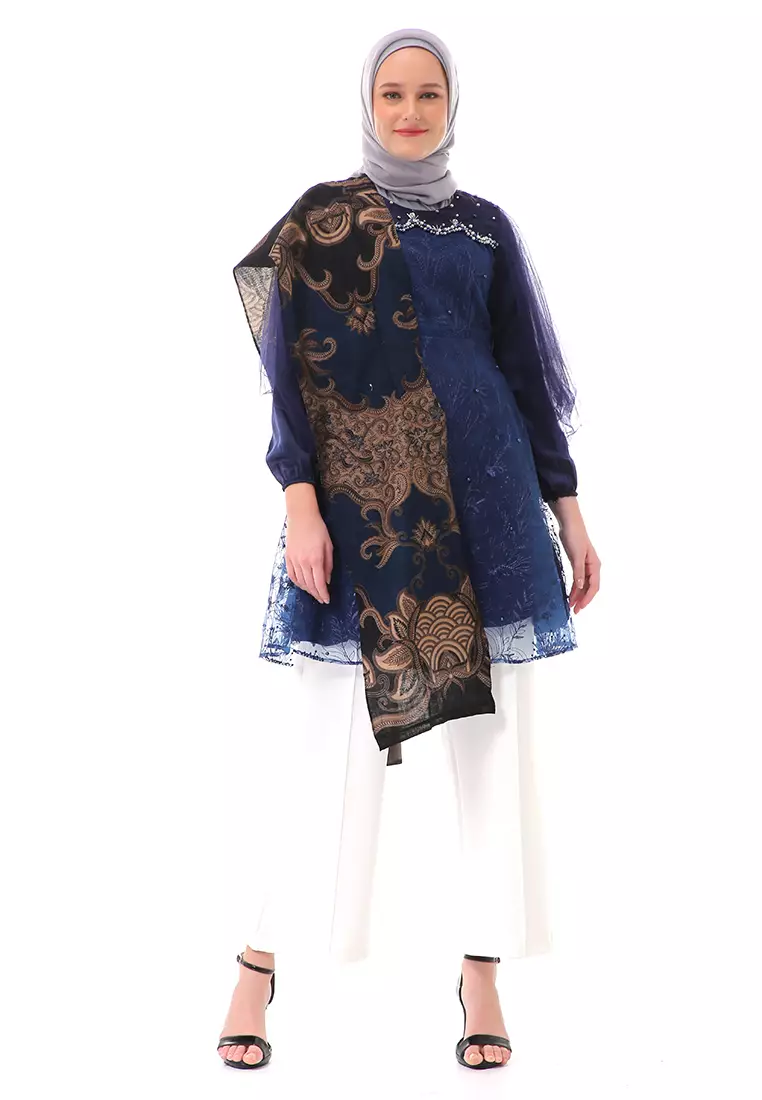 Aidah Tunik Long Sleeve Wanita Soft Comfortable Batik Premium High Quality - Navy