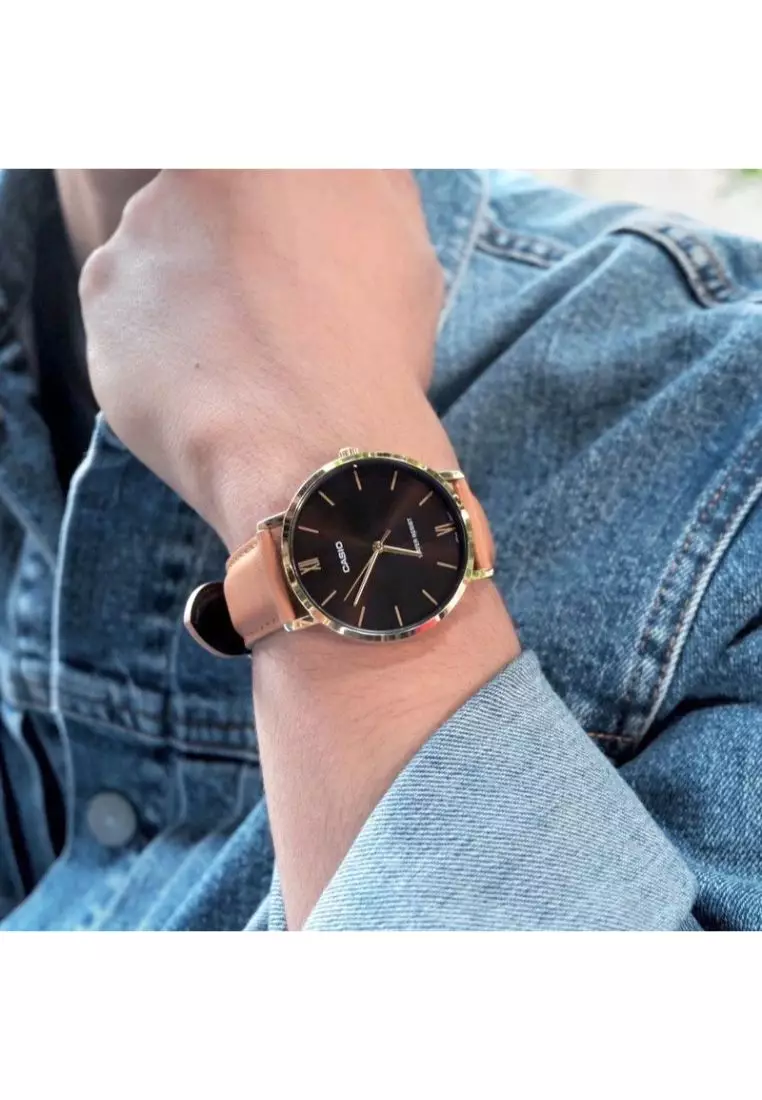 Men's Analog Watch MTP-VT01GL-5B Brown Leather Band Watch for Men