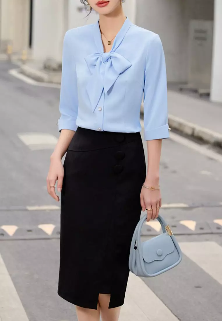 Elegant Chiffon Three Quarter Sleeve Blouse Set YGH-EQ308set