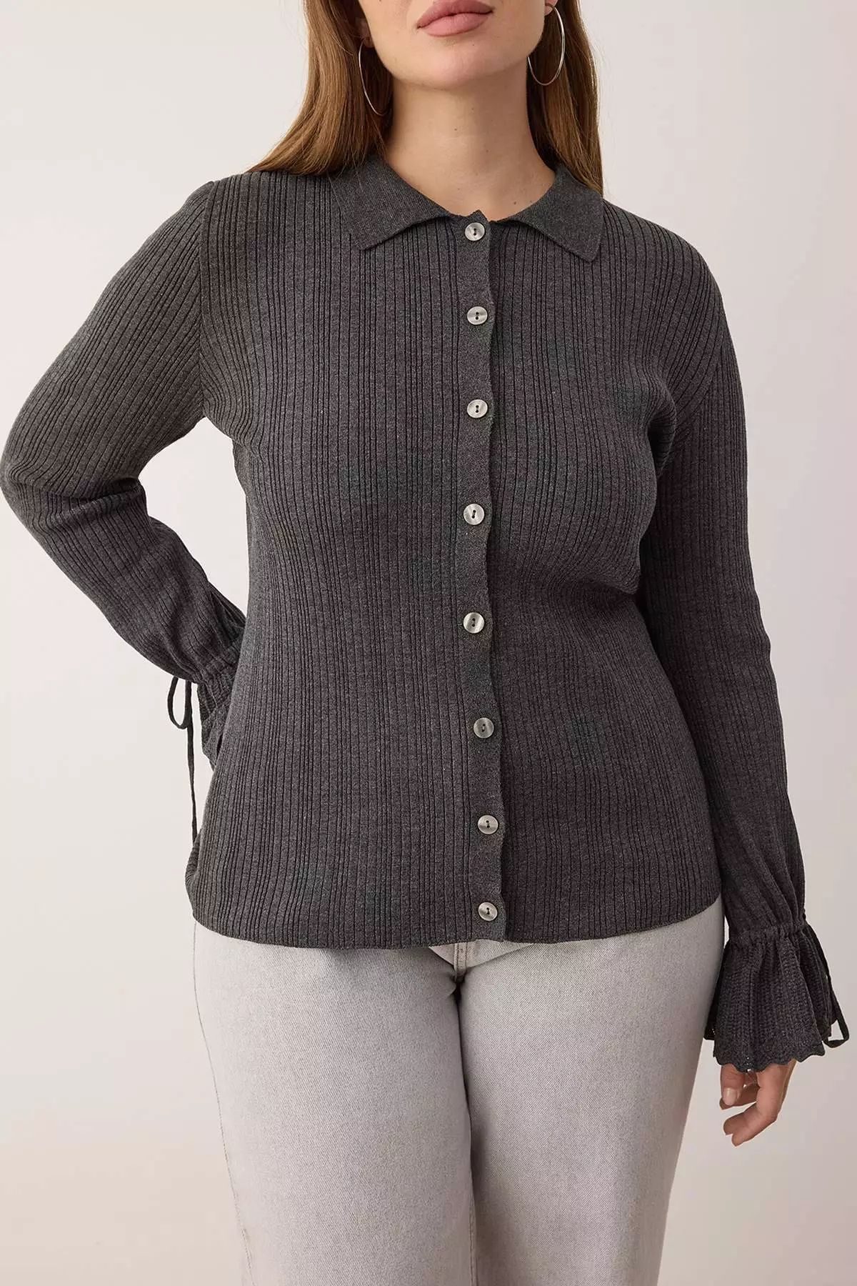 Anthracite Mercerized Look Ribbed Polo Neck Knitwear Cardigan Tbbaw26Av00032