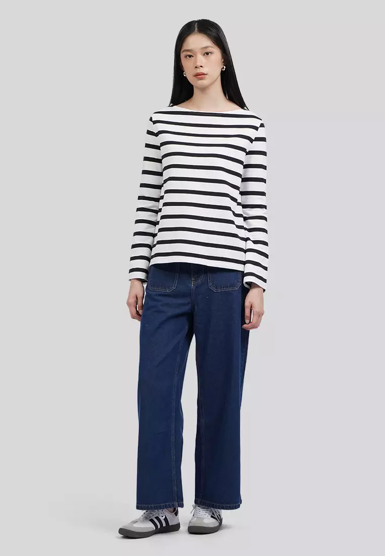 Boat Neck Stripes Long Sleeve Top