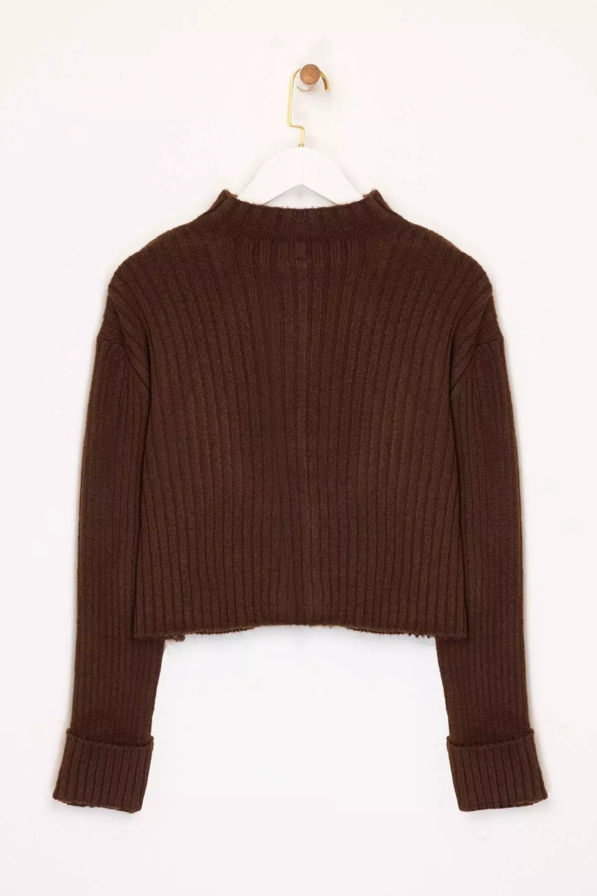 Brown Crop Soft Textured Stand Collar Knitwear Cardigan