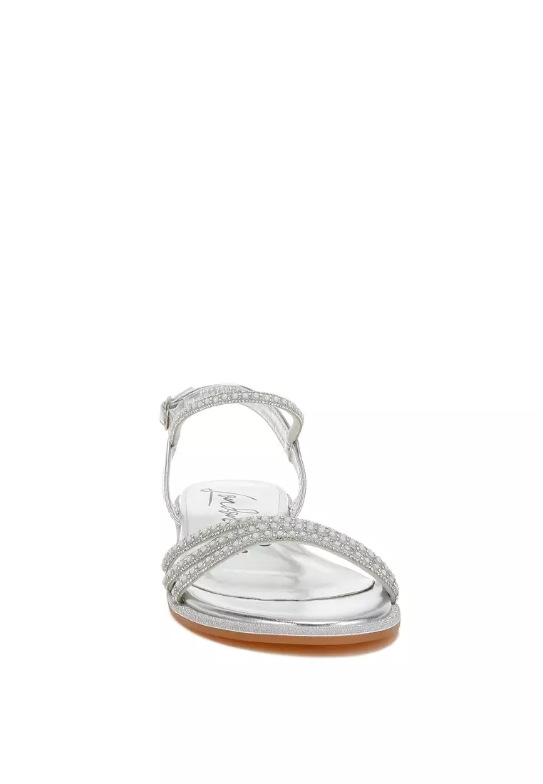 Rhinestone Pearl Detail Flat Sandals in Silver