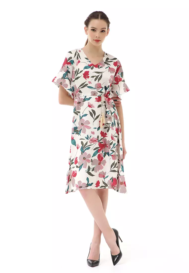 Rachel Midi Dress Wanita Karet Pinggang Short Sleeve Floral Motif Material Polyester ORIGINAL - White