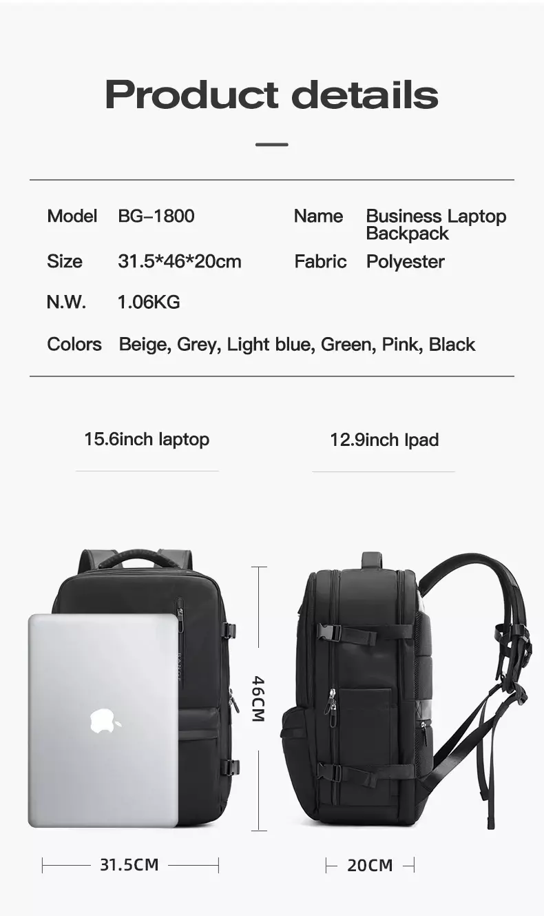 Bange BG1800 Tas Ransel Tas Travel Backpack Laptop Kerja Pria USB 17" - Hitam