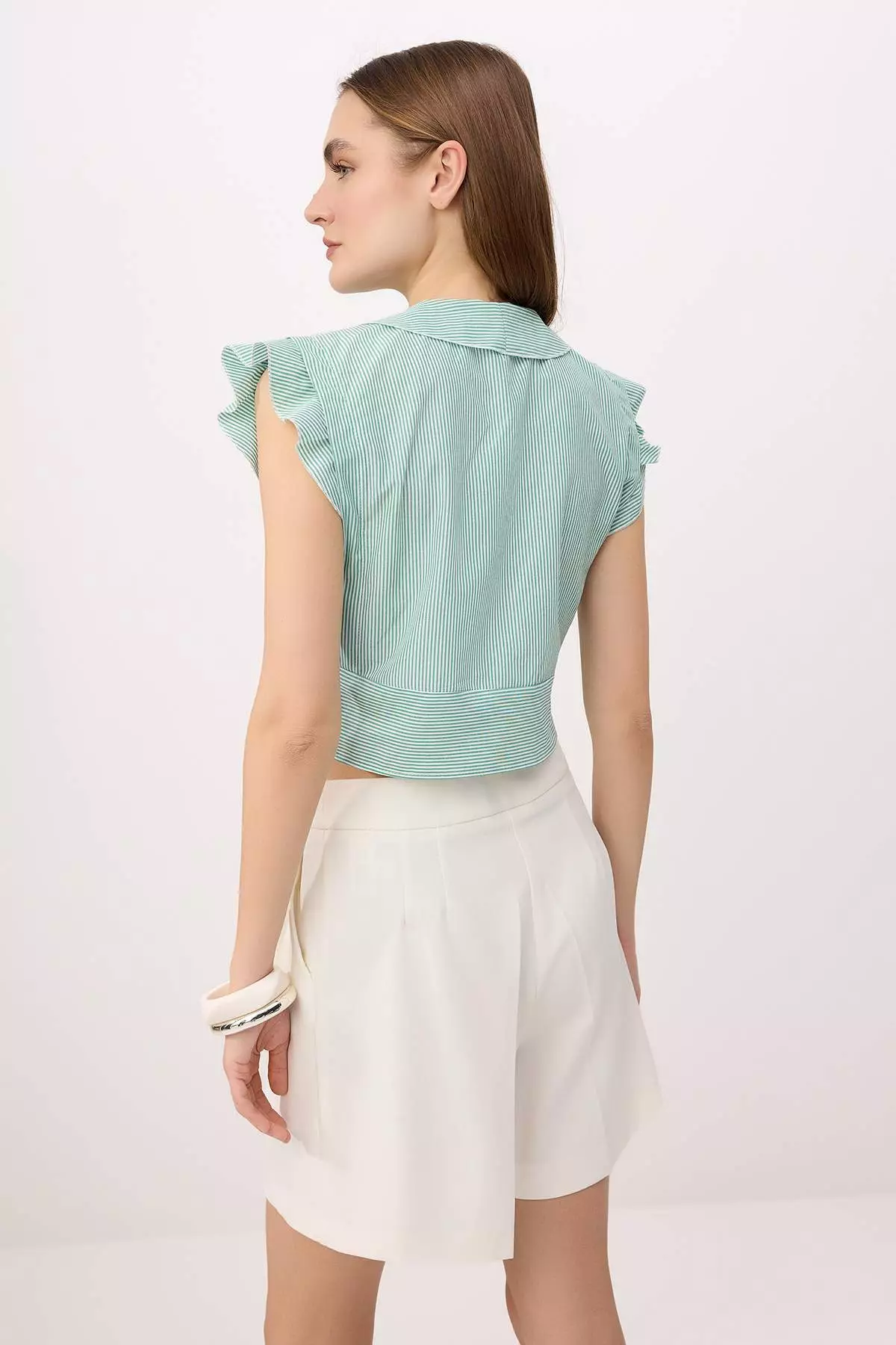 Water Green Striped Tie Detail Woven Blouse Twoss25Bz424
