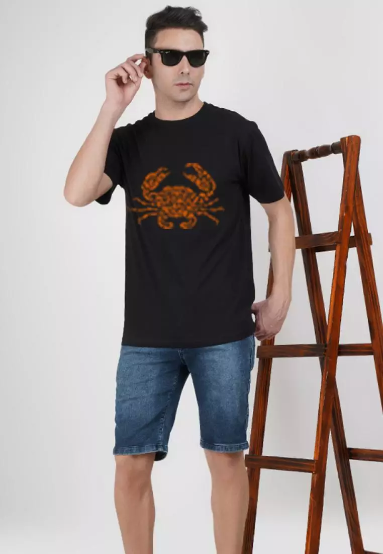 螃蟹印花图案短袖黑色棉质 T 恤