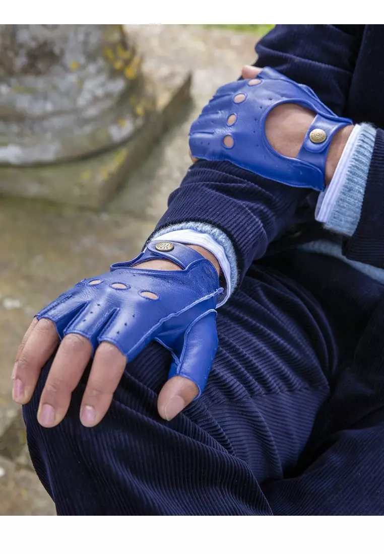 Buy DENTS Mens Fingerless Leather Driving Gloves in Royal/Black