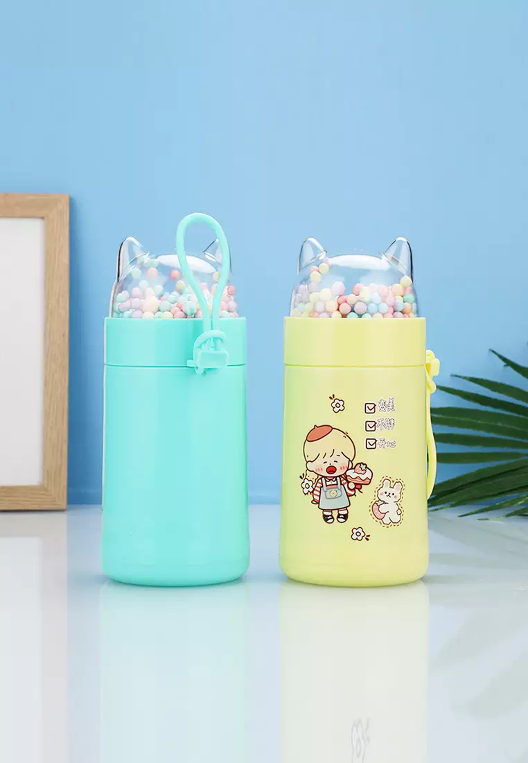 Wakakids Botol Minum Kaca Anak Food Grade Minimalis 350ml Tutup Karakter Kucing Lucu Bubble Warna Venrz Kuning