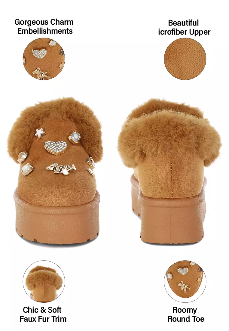 Charm Detail Slip On Snow Boots In Tan