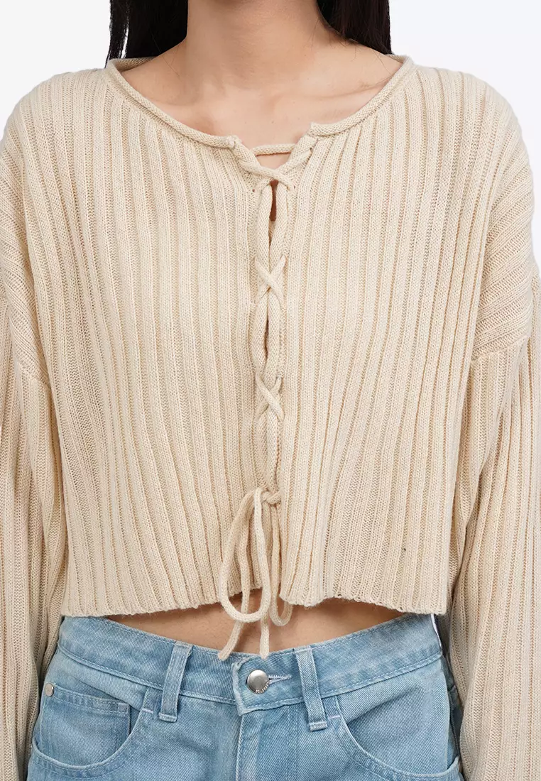 Lace Up Long Sleeve Knit Top