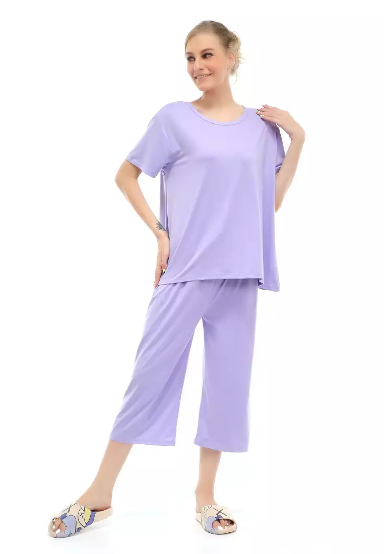 Vance Setelan Piyama Baju Tidur Wanita Celana Pendek 7/8 Material Spandex ORIGINAL - Lilac