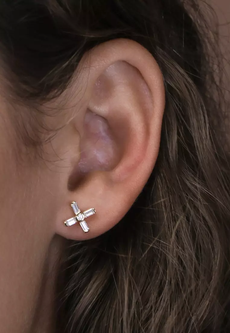 Vermeil Baguette Cross Stud Earrings