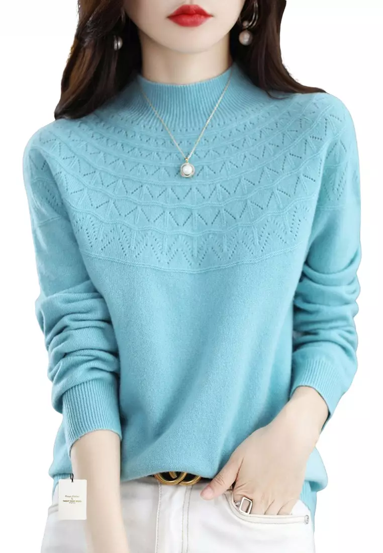 Buy HAPPY FRIDAYS Hollow Out Pattern Wool Long Sleeves Half