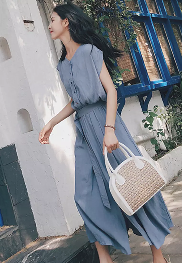 Chiffon Long Short Sleeve Cardigan Style One-Piece Dress A22022532BL