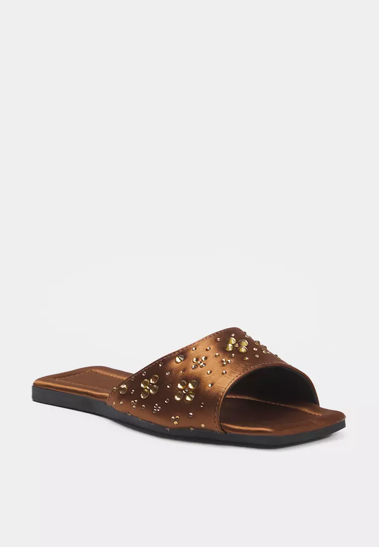 Brown Stone Satin Stylish Women's Slippers Takss25Te00025