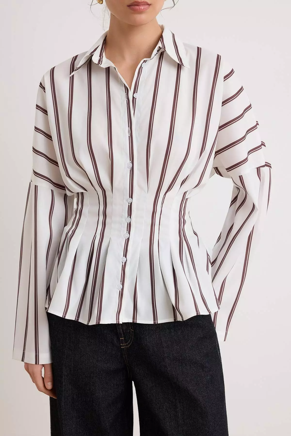 Ecru Brown Striped Lycra Waist-Fitted Shirt Twoaw26Go00113