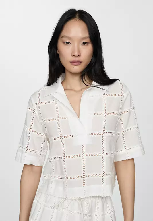 Embroidered Polo-Neck Blouse