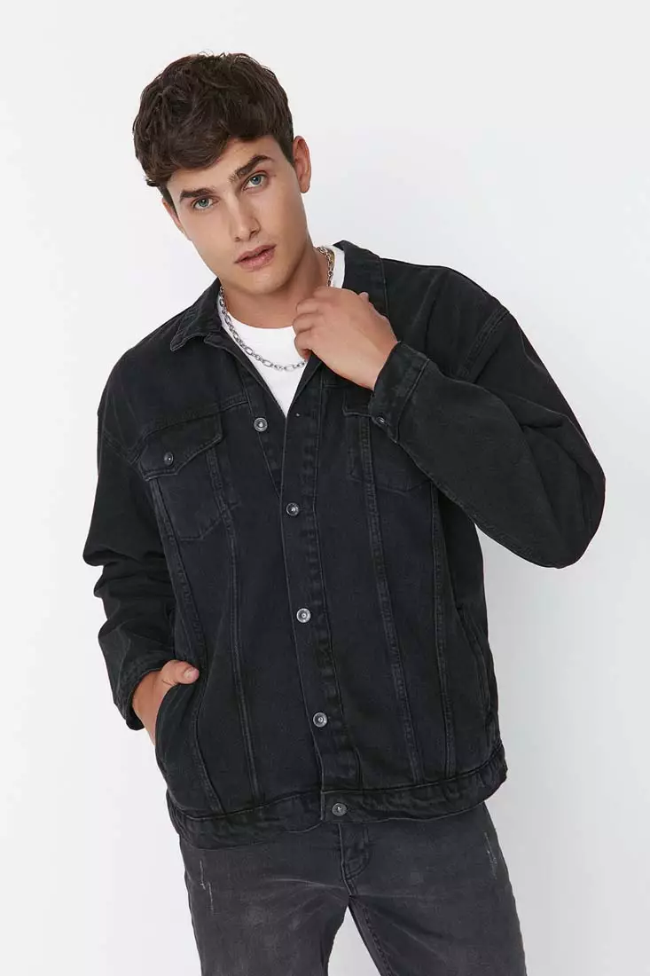 Mens oversized black denim on sale jacket