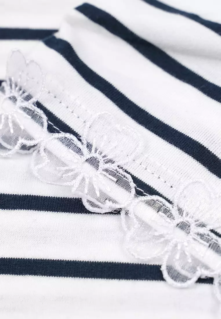 3Second Women's Stripe T-Shirt Short Sleeve Boxy Fit Lace Charlotte HP-C100126