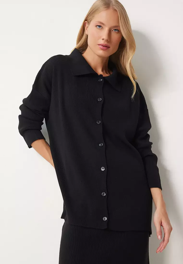 Polo Neck Knitwear Cardigan Skirt Set