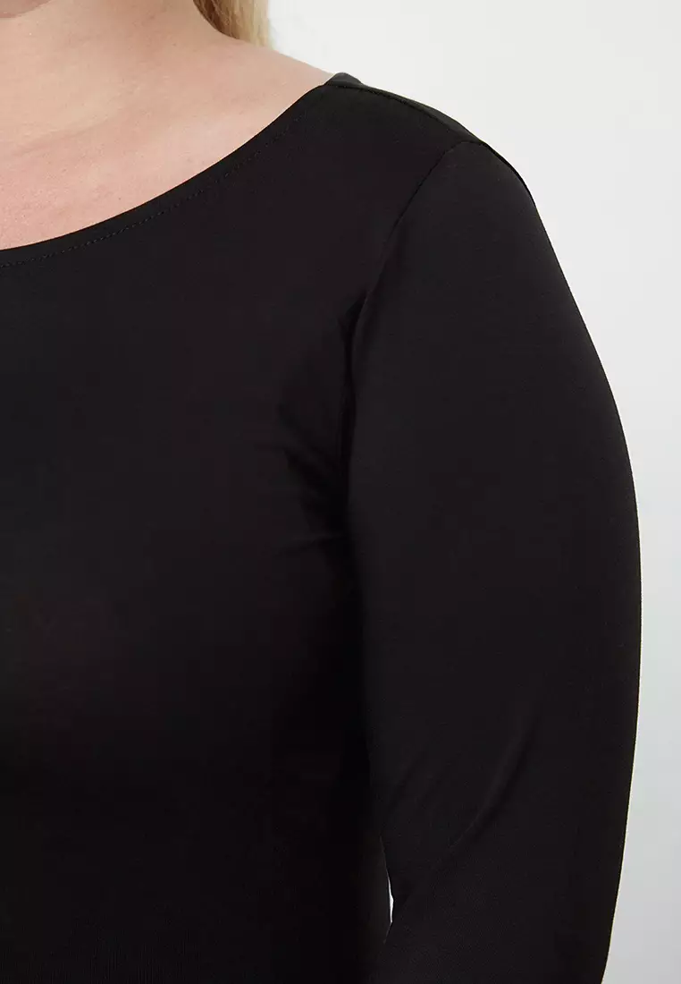 Black 100% Cotton Body-Fitting Long Sleeve Plus Size T-Shirt Tbbaw25Bf00000