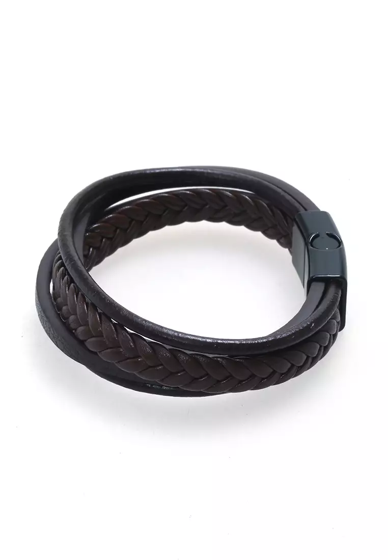 Aleda Gelang Kasual Pria Wanita Aksesoris Fashion Adjustable Desain Mix Kepang Strap Material Leather ORIGINAL - Dark Brown
