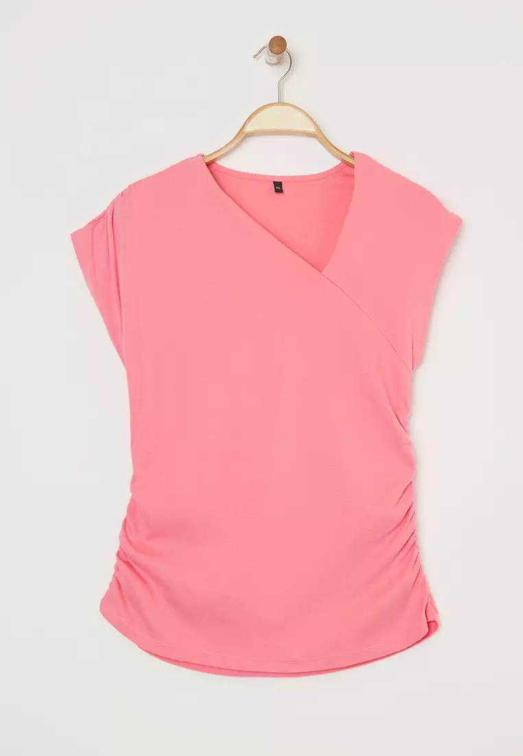 Pink Soft Fabric Asymmetrical Collar 100% Cotton Knitted Plus Size Blouse Tbbss25Af00002