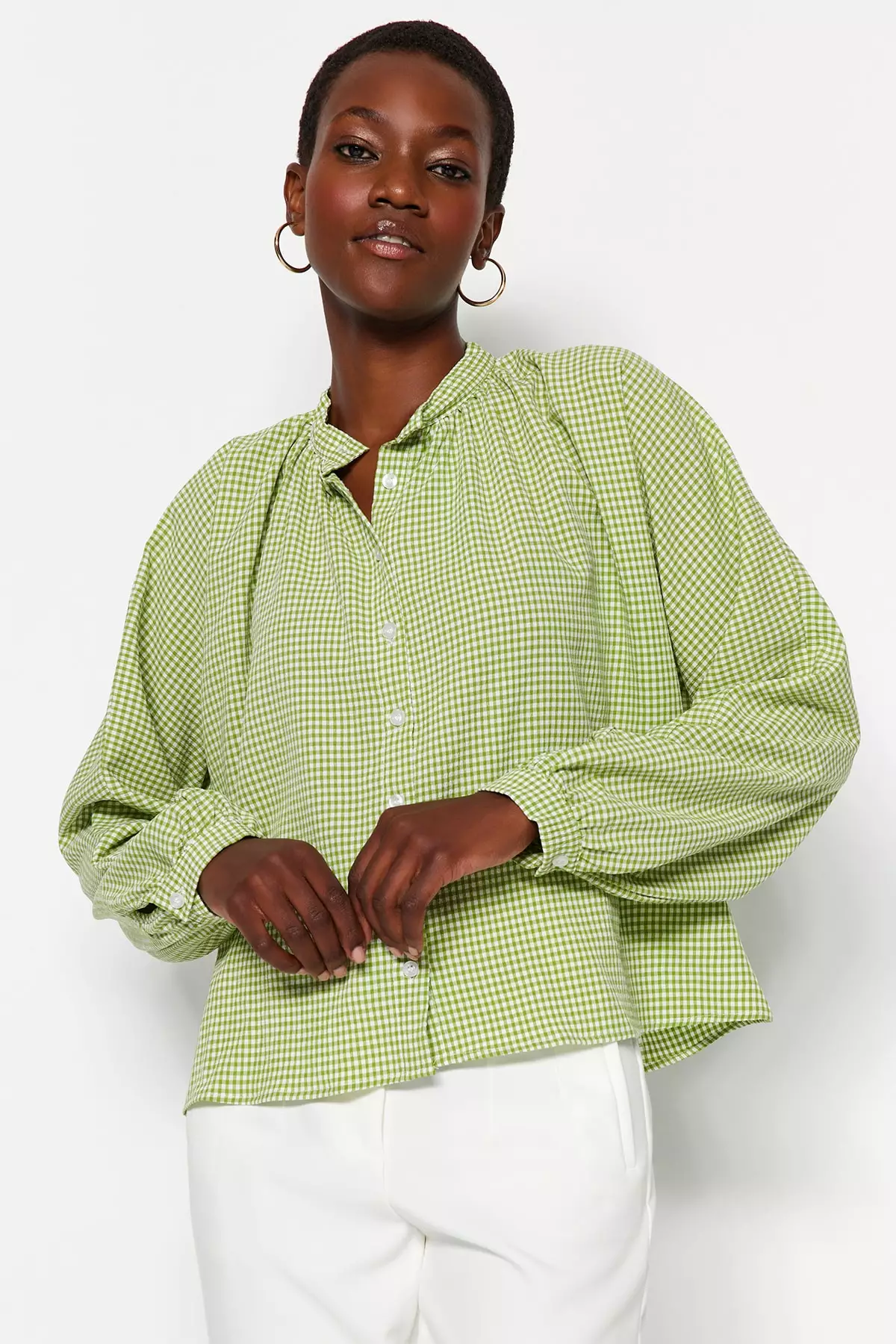 Plaid Puff Sleeves Blouse