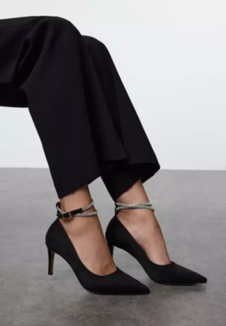 Women's Classic Black Thin Heeled Evening Shoes - Ankle Strap