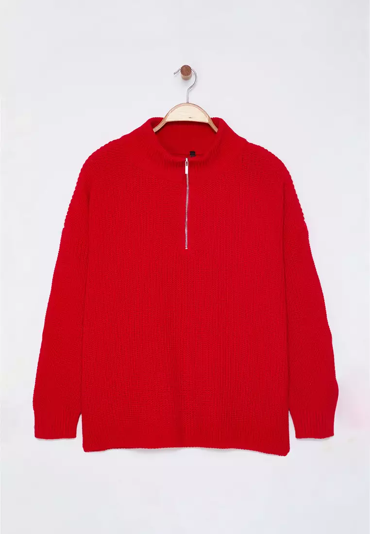 Red Zipper Collar Knitwear Sweater Tbbaw25An00026