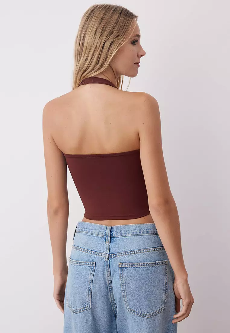 Yellow-Brown Neckline Crop Stretchy Knit Blouse Twoaw26Bz00251