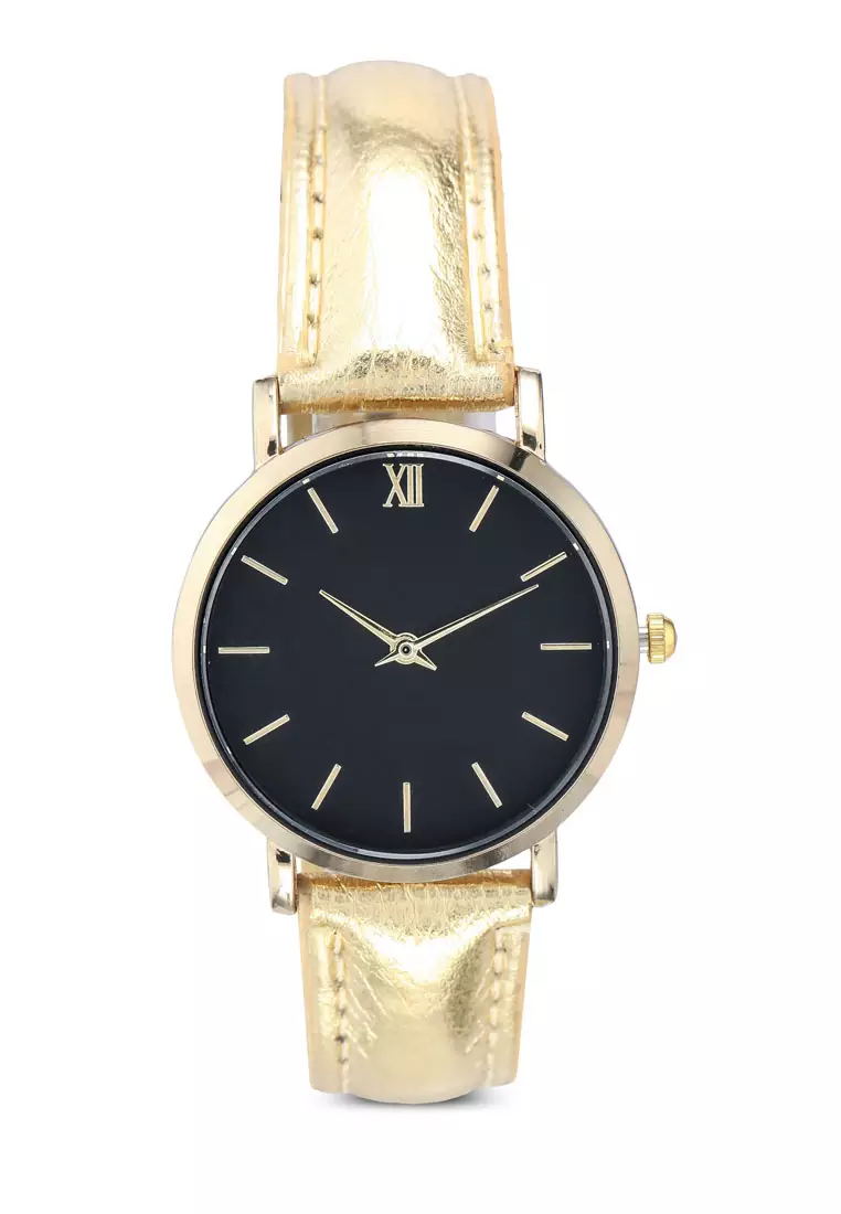 Round Face Gold Black And Gold Strap Watch