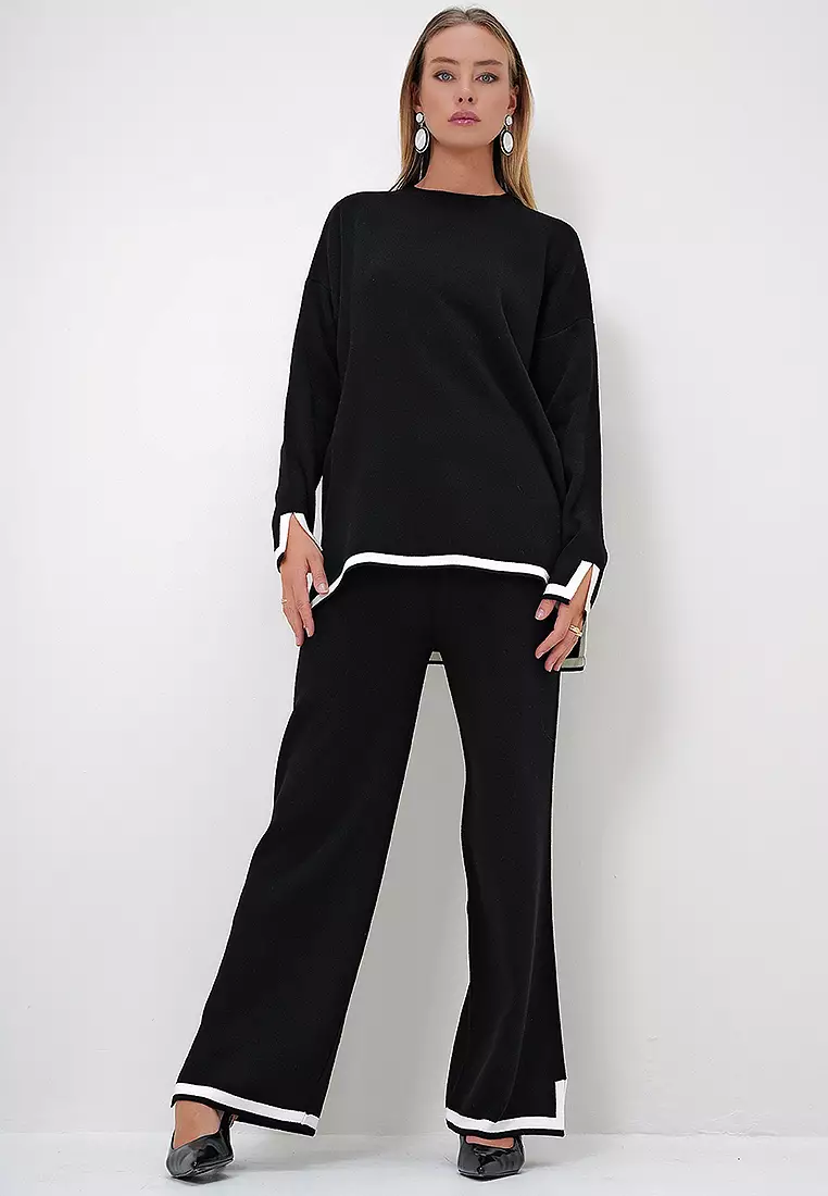 Contrast Trims Knitted Blouse and Pants Set