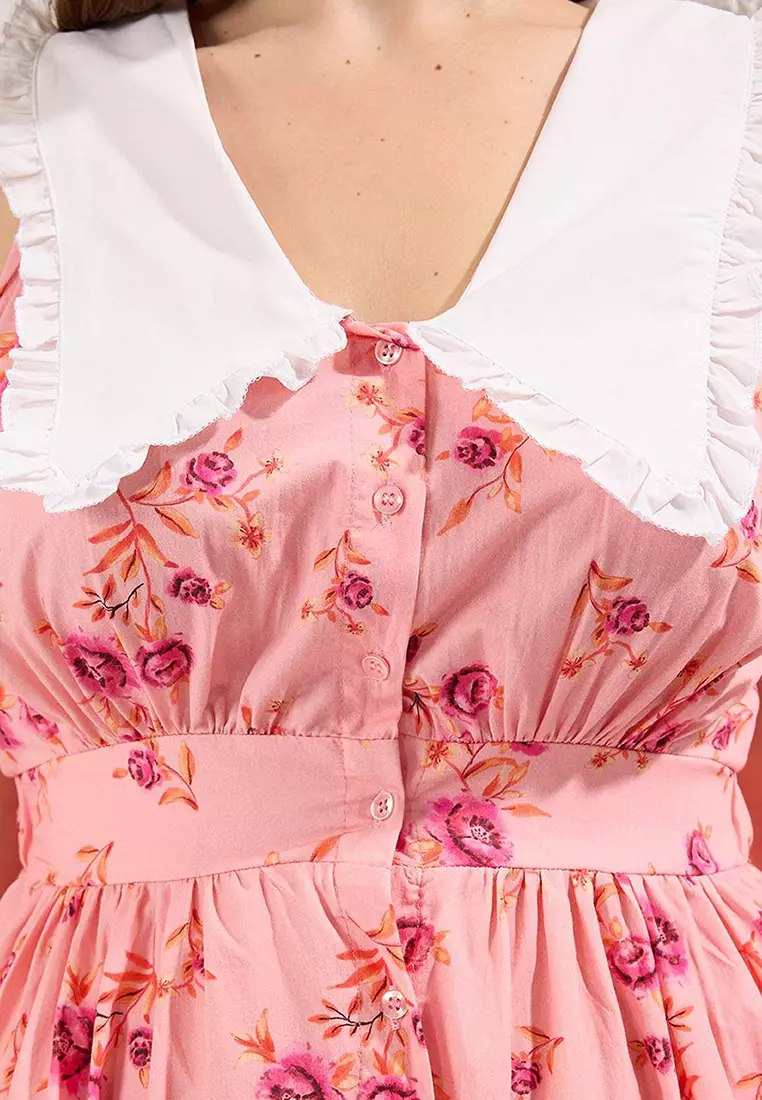 Pink Floral Poplin 100% Cotton Bebe Collar Midi Woven Large Size Dress Tbbss25Ah00158