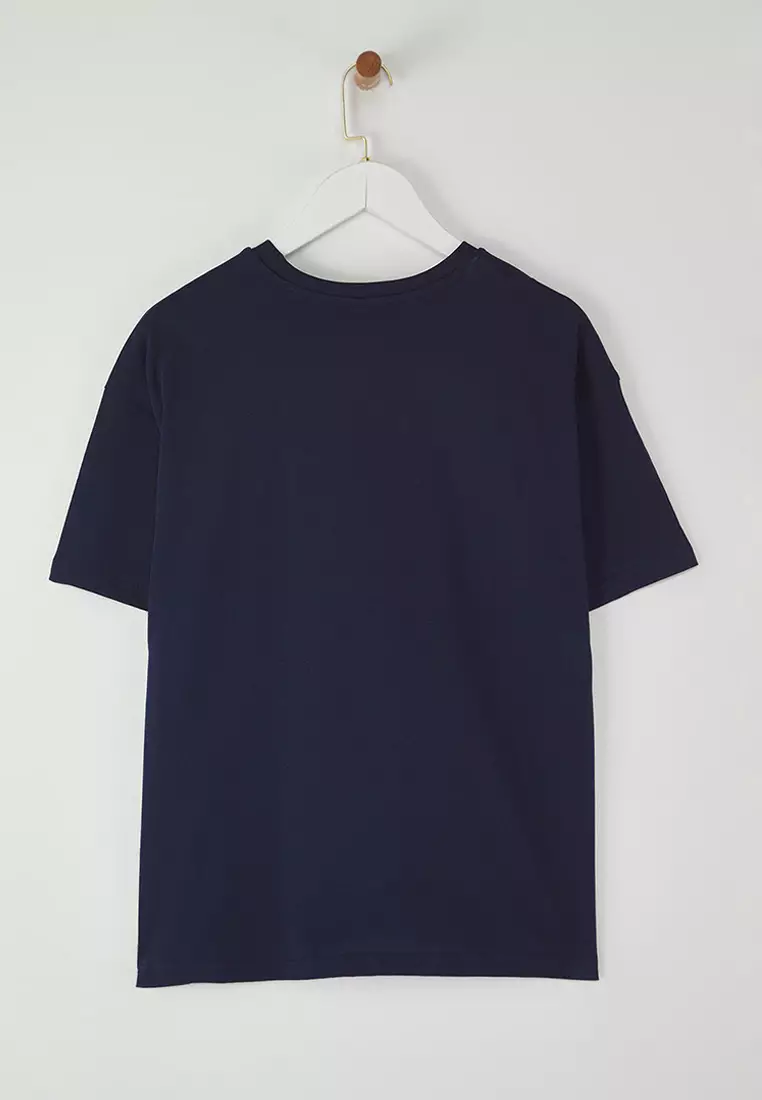 Navy Blue Cherry Printed Oversize/Wide Pattern Knitted T-Shirt